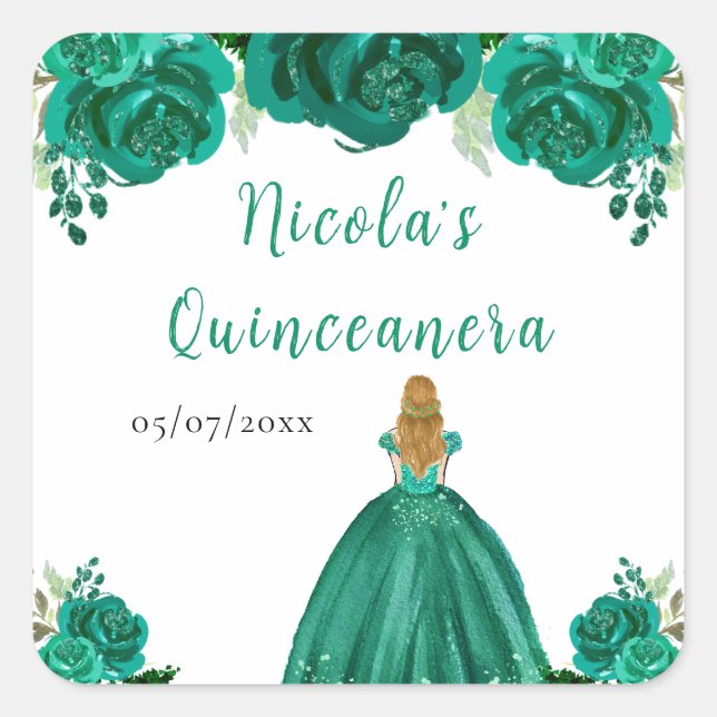 Sticker Carré Blonde Hair Princess Green Floral Quinceanera (Devant)