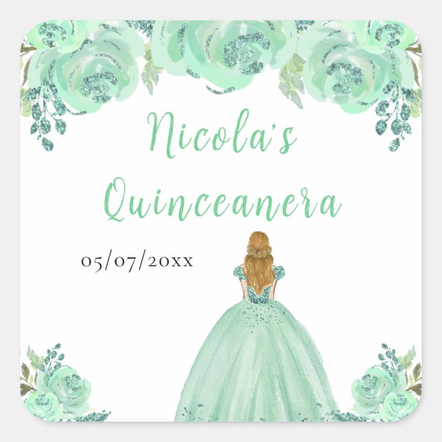 Sticker Carré Blonde Hair Princess Mint Floral Quinceanera (Devant)