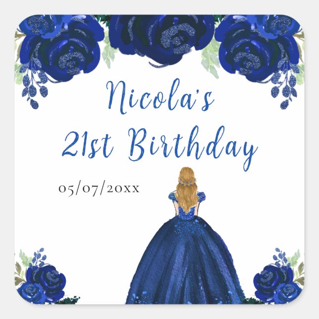 Sticker Carré Blonde Hair Princess Navy Floral Birthday Party (Devant)