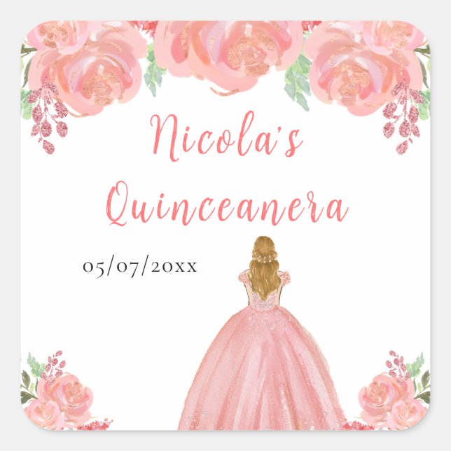 Sticker Carré Blonde Hair Princess Pink Floral Quinceanera (Devant)