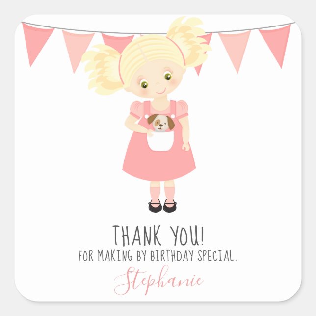Sticker Carré Blonde mignonne Anniversaire fille et chiot (Devant)