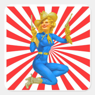 Sticker Carré Blonde rétro Pin-up Girl in Western Boots