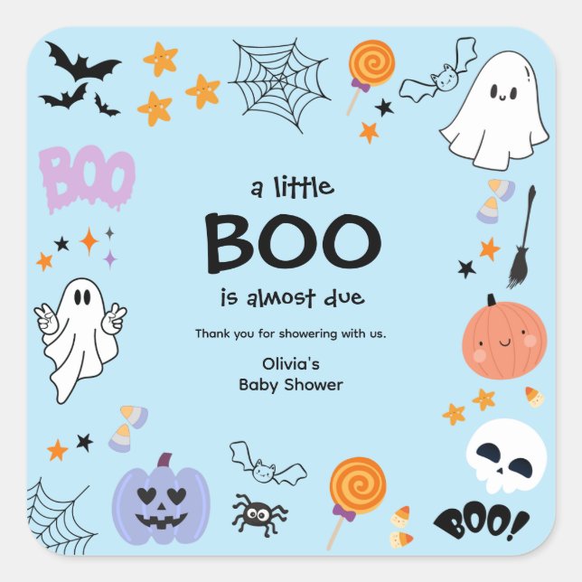Sticker Carré Blue A Little Boo Halloween Baby shower Merci (Devant)