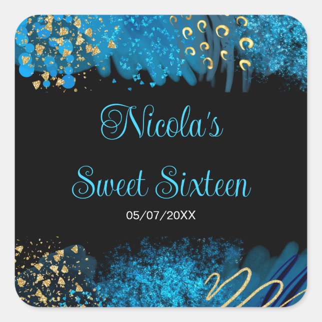 Sticker Carré Blue Alcohol Ink Sweet 16 Birthday Party (Devant)