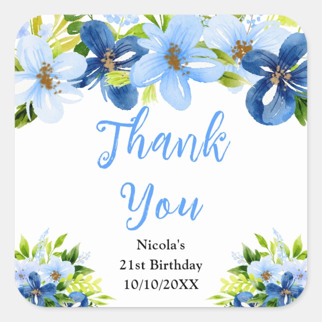 Sticker Carré Blue and Navy Flowers Birthday Thank You (Devant)
