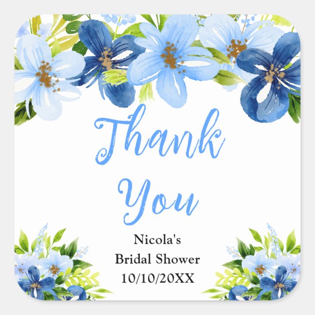 Sticker Carré Blue and Navy Flowers Bridal Shower Thank You (Devant)