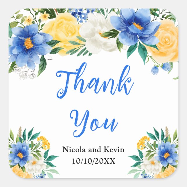 Sticker Carré Blue and Yellow Floral Wedding Thank You (Devant)