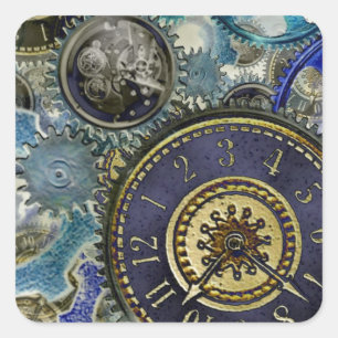 Sticker Carré Blue aqua steampunk gears, cogs, clock faces