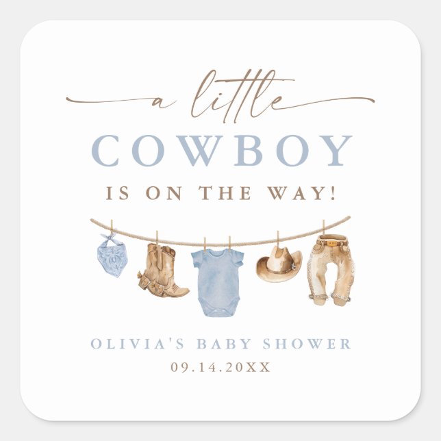 Sticker Carré Blue Baby Clothesline Little Cowboy Baby Shower (Devant)