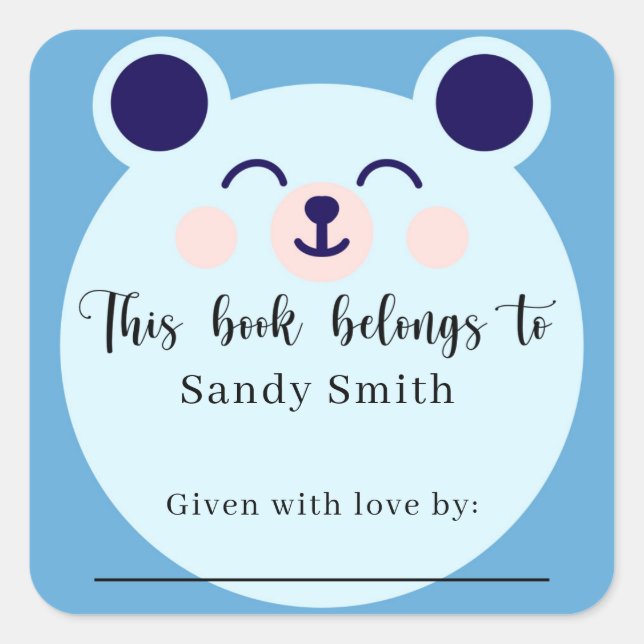 Sticker Carré Blue Bear - Ce livre appartient à un message (Devant)