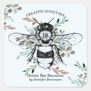 Sticker Carré Blue Bee Apiary Flower Honey Marketing