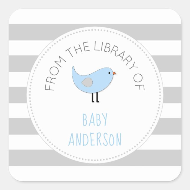 Sticker Carré Blue Bird garçon baby shower bibliothèque / livre (Devant)