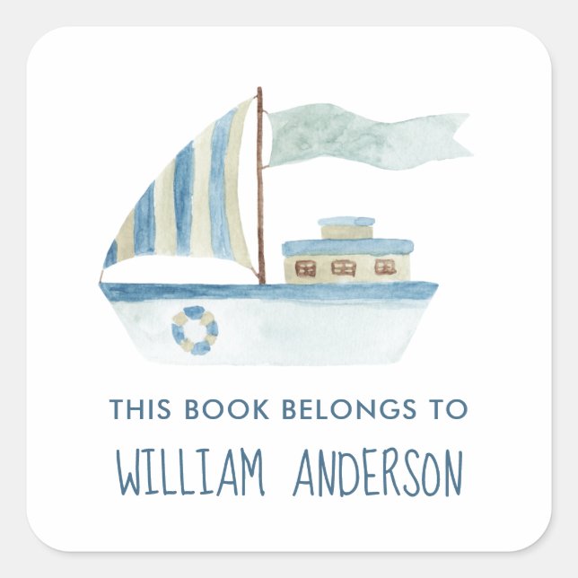 Sticker Carré Blue Boat Nautical Boys École personnalisée (Devant)