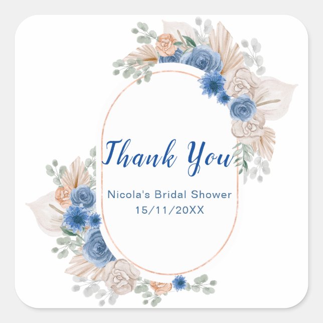 Sticker Carré Blue Boho Pampas Grass Bridal Shower (Devant)