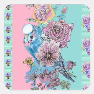 Sticker Carré Blue Budgie Bird Rose peinture à la fleur Aqua