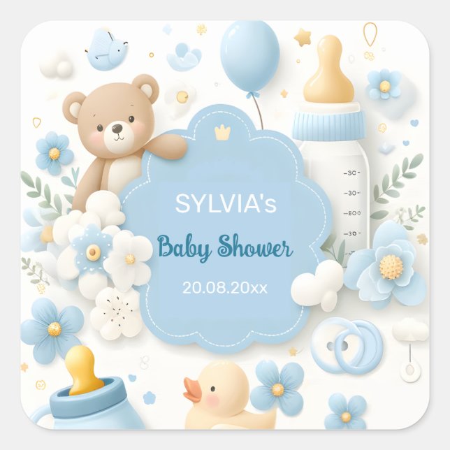 Sticker Carré Blue Bundle Joy : Teddy Bear Baby Boy Douche (Devant)