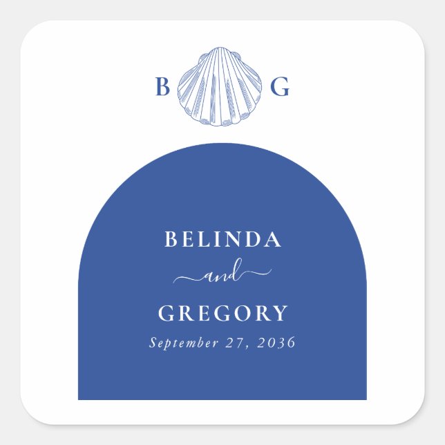 Sticker Carré Blue Clam Seashells Coastal Seaside Beach Wedding (Devant)