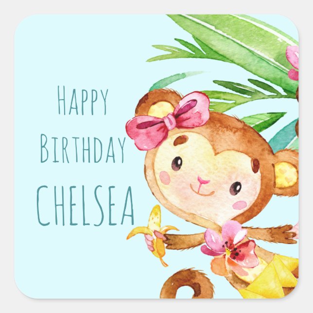 Sticker Carré Blue Cute Monkey Personnalisé Joyeux anniversaire (Devant)