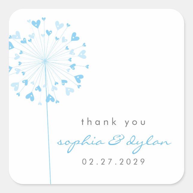 Sticker Carré Blue Dandelion Flower Love Hearts Mariage d'été (Devant)