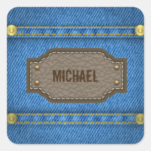 Sticker Carré Blue denim jeans with leather name