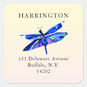 Sticker Carré Blue Dragonfly Watercolor Carré Adresse de retour