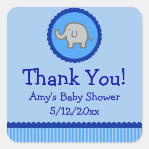 Sticker Carré Blue Elephant Personnalisé Baby shower Favoriser T