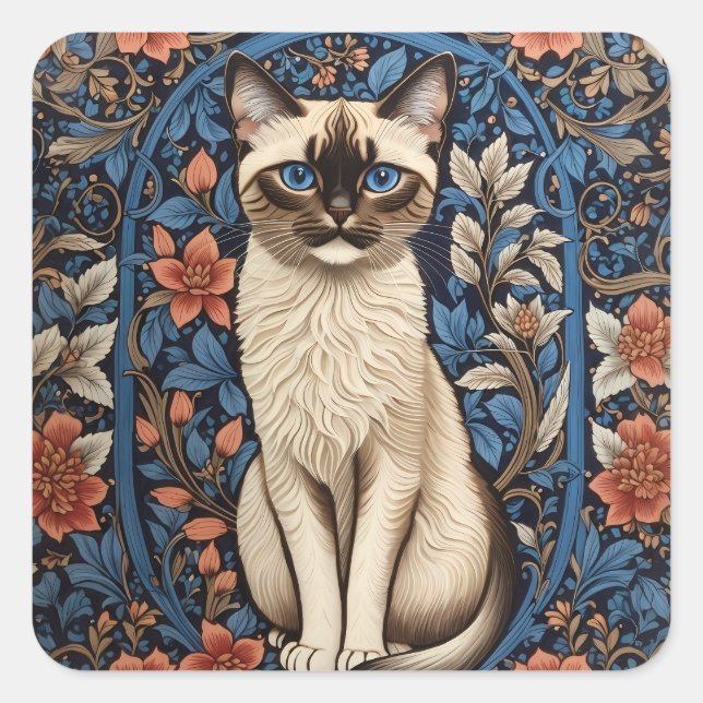 Sticker Carré Blue Eyed Siamese Chat William Morris Inspiré (Devant)
