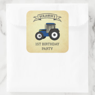 Sticker Carré Blue Farm Tractor Anniversaire de enfant Party