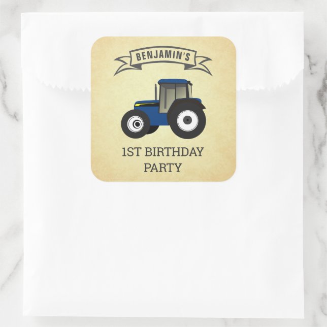 Sticker Carré Blue Farm Tractor Anniversaire de enfant Party (Sac)