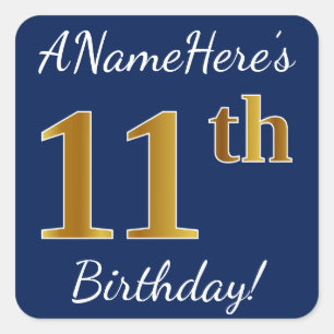 Sticker Carré Blue, Faux Gold 11e anniversaire + Nom personnalis
