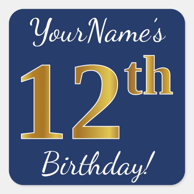 Sticker Carré Blue, Faux Gold 12e anniversaire + Nom personnalis (Devant)