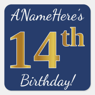 Sticker Carré Blue, Faux Gold 14e anniversaire + Nom personnalis