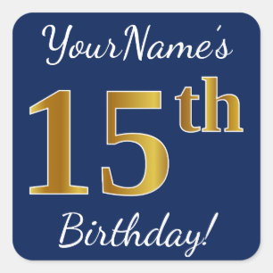 Sticker Carré Blue, Faux Gold 15e anniversaire + Nom personnalis