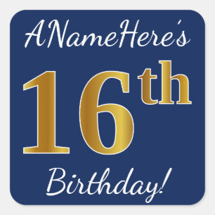 Sticker Carré Blue, Faux Gold 16e anniversaire + Nom personnalis