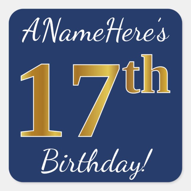 Sticker Carré Blue, Faux Gold 17e anniversaire + Nom personnalis (Devant)