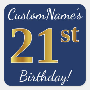 Sticker Carré Blue, Faux Gold 21e anniversaire + Nom personnalis