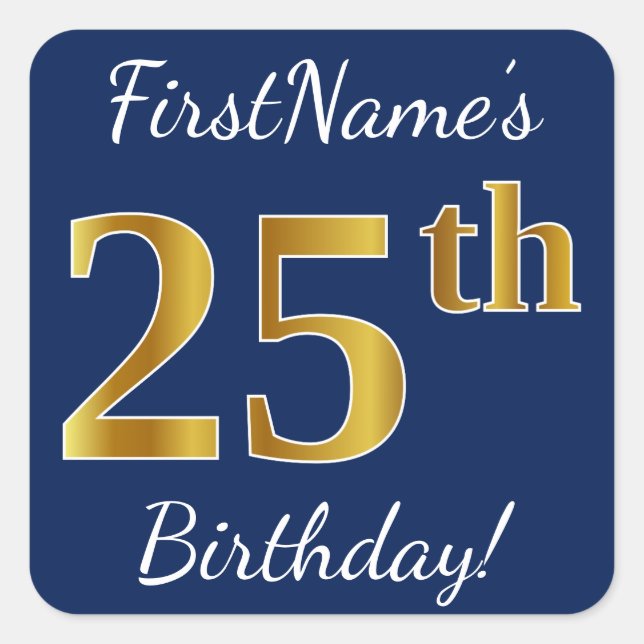 Sticker Carré Blue, Faux Gold 25e anniversaire + Nom personnalis (Devant)