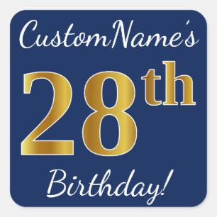 Sticker Carré Blue, Faux Gold 28e anniversaire + Nom personnalis