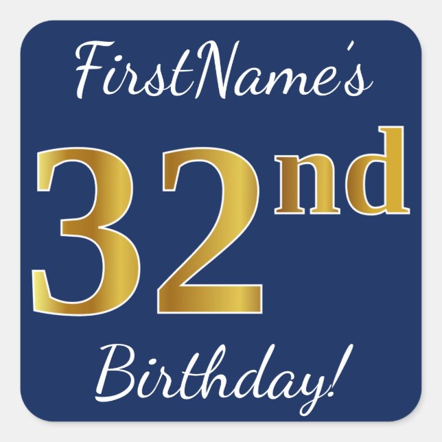 Sticker Carré Blue, Faux Gold 32e anniversaire + Nom personnalis (Devant)