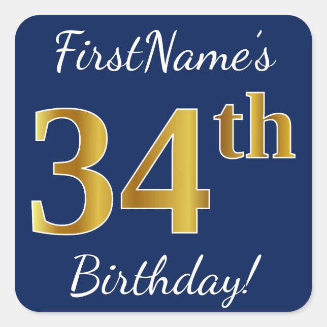 Sticker Carré Blue, Faux Gold 34e anniversaire + Nom personnalis