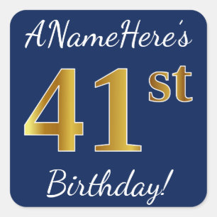 Sticker Carré Blue, Faux Gold 41e anniversaire + Nom personnalis