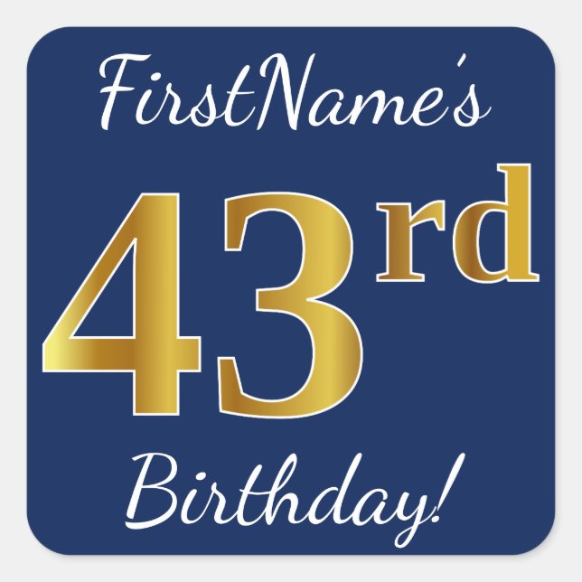 Sticker Carré Blue, Faux Gold 43ème anniversaire + Nom personnal (Devant)