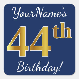Sticker Carré Blue, Faux Gold 44e anniversaire + Nom personnalis