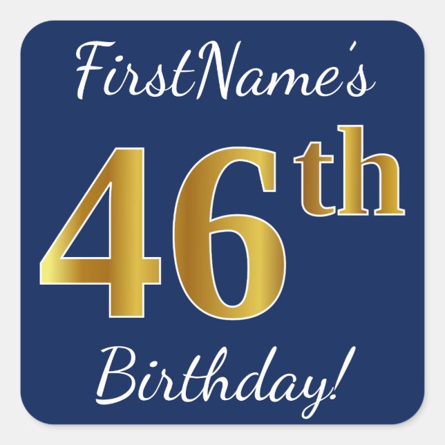 Sticker Carré Blue, Faux Gold 46e anniversaire + Nom personnalis (Devant)
