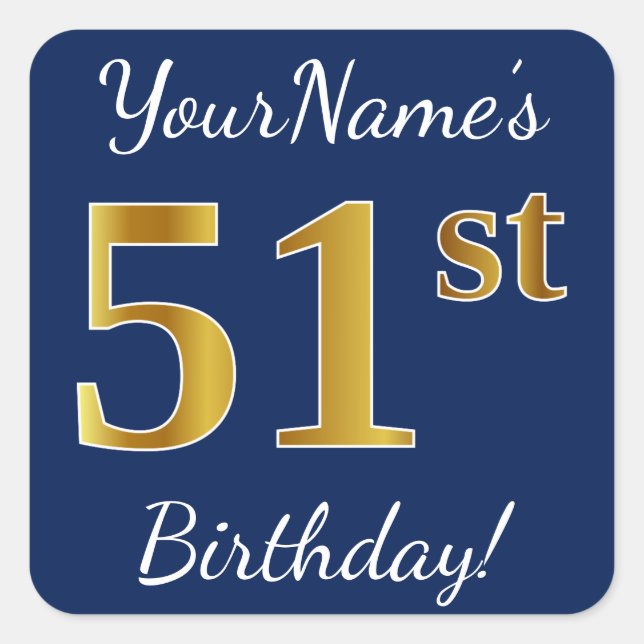 Sticker Carré Blue, Faux Gold 51e anniversaire + Nom personnalis (Devant)