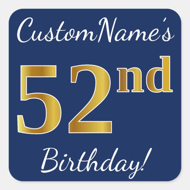 Sticker Carré Blue, Faux Gold 52e anniversaire + Nom personnalis (Devant)