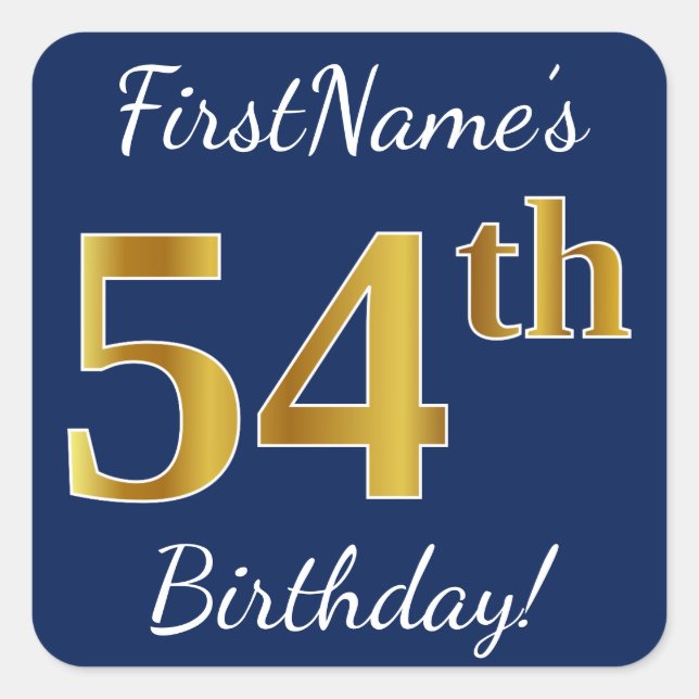 Sticker Carré Blue, Faux Gold 54e anniversaire + Nom personnalis (Devant)