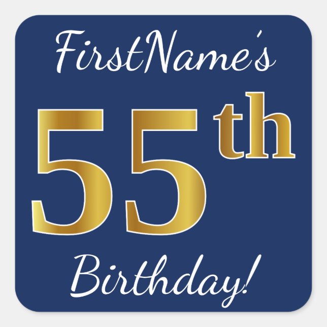 Sticker Carré Blue, Faux Gold 55e anniversaire + Nom personnalis (Devant)