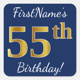 Sticker Carré Blue, Faux Gold 55e anniversaire + Nom personnalis