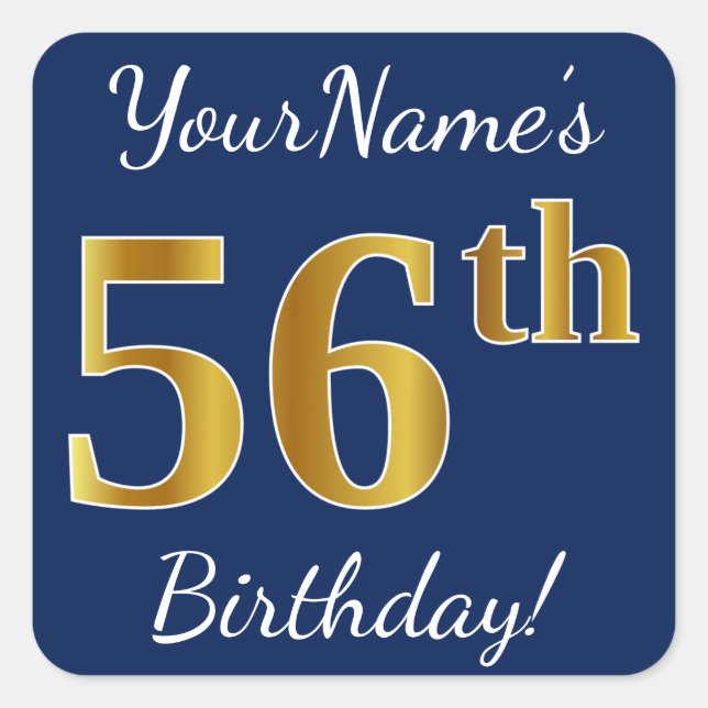 Sticker Carré Blue, Faux Gold 56e anniversaire + Nom personnalis (Devant)